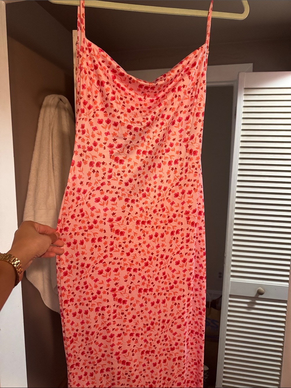 Source Unknown Pink & Red Floral Cowl-Neck Maxi Dress